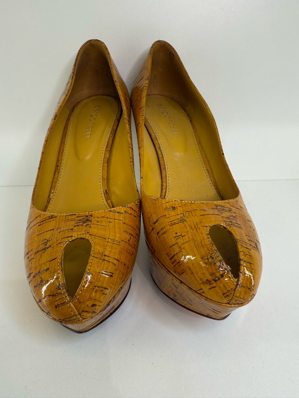 Sergio Rossi Coated Cork Peep Toe Pump 4" Heel Shoes Sz 37.5